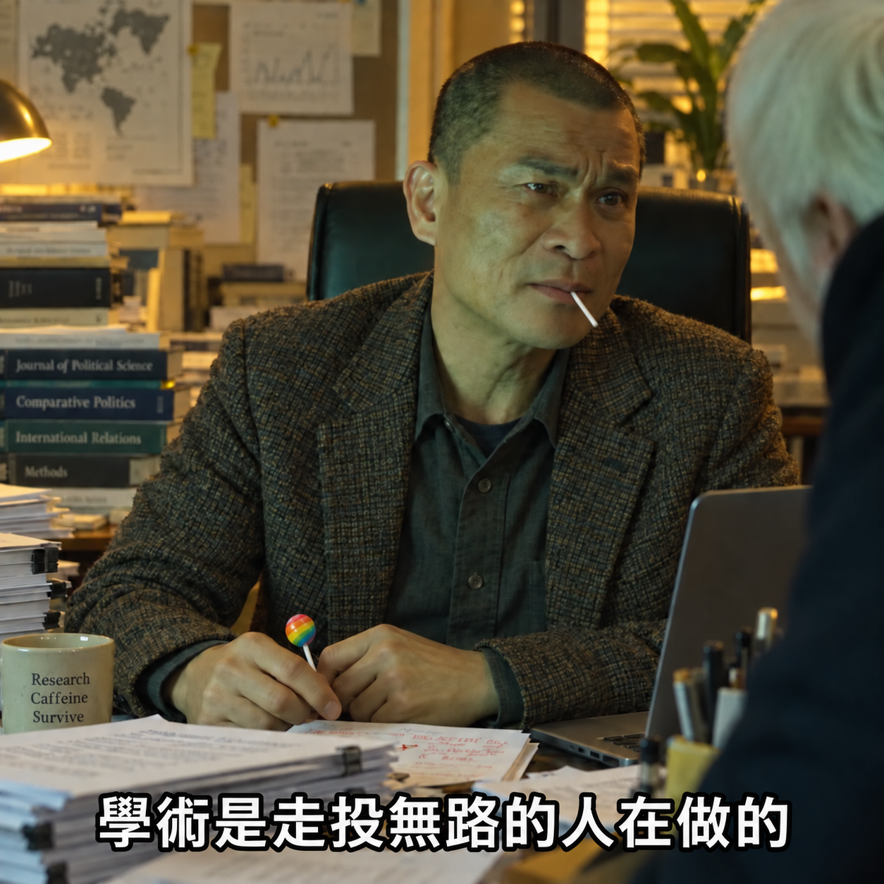 學術工作者坐在堆滿論文的研究室，字幕：學術是走投無路的人在做的
